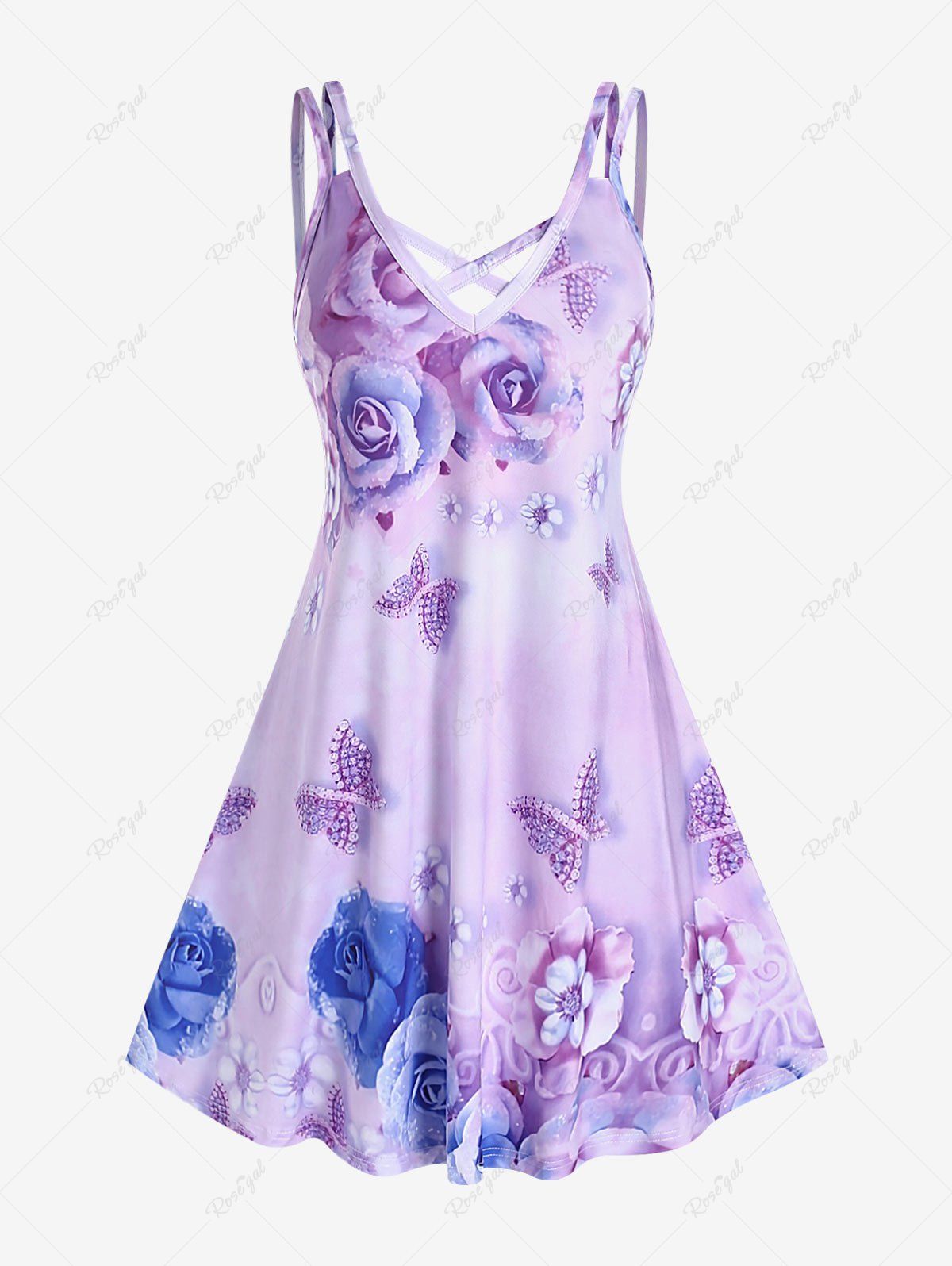 Discount Plus Size 3D Rose Butterfly Printed Criss Cross A Line Sleeveless Dress  