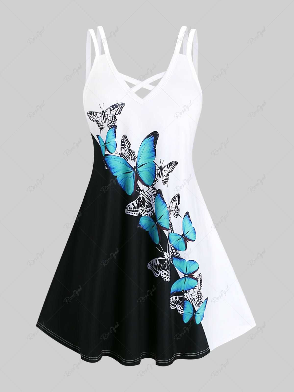 Online Plus Size Butterfly Criss Cross Two Tone A Line Sleeveless Dress  