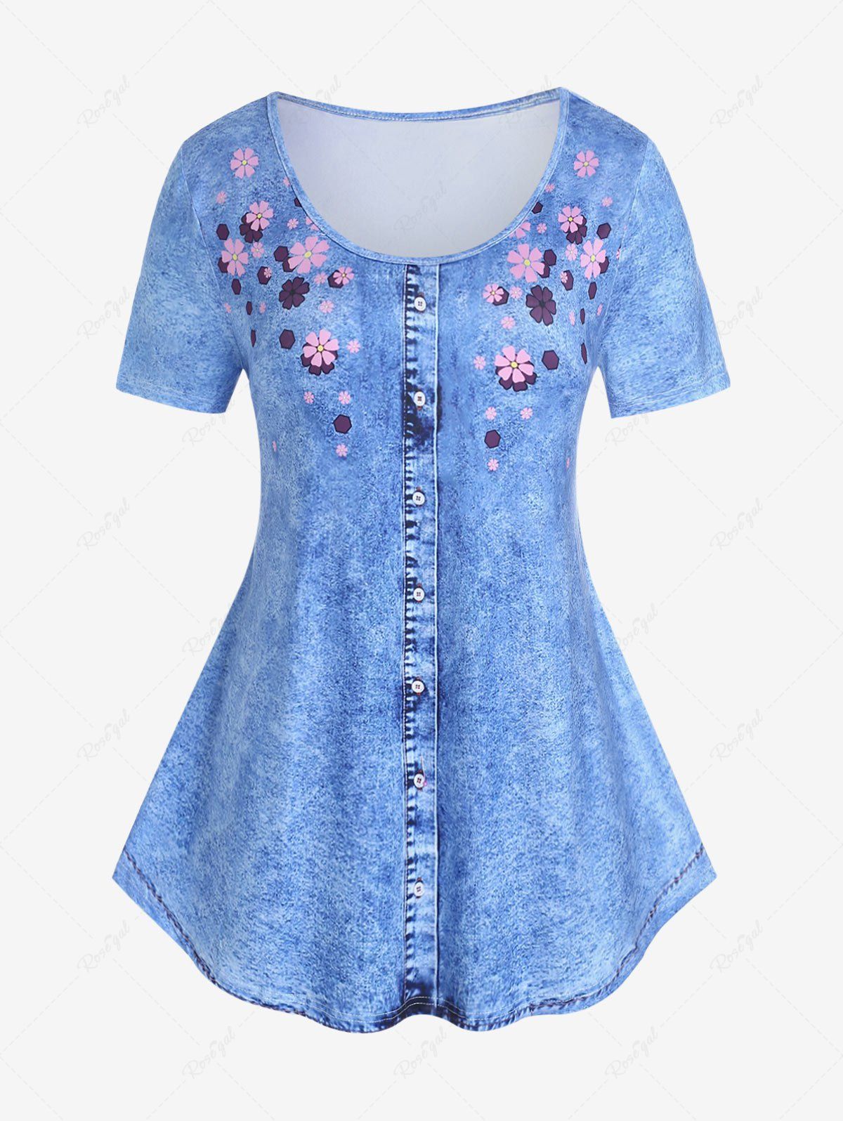 T-shirt à Imprimé 3D Jean Floral de Grande Taille à Manches Courtes Bleu 
