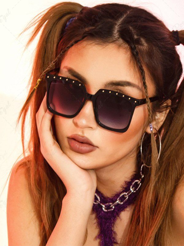 Trendy Rivet Embellish Square Shape Oversized Sunglasses  
