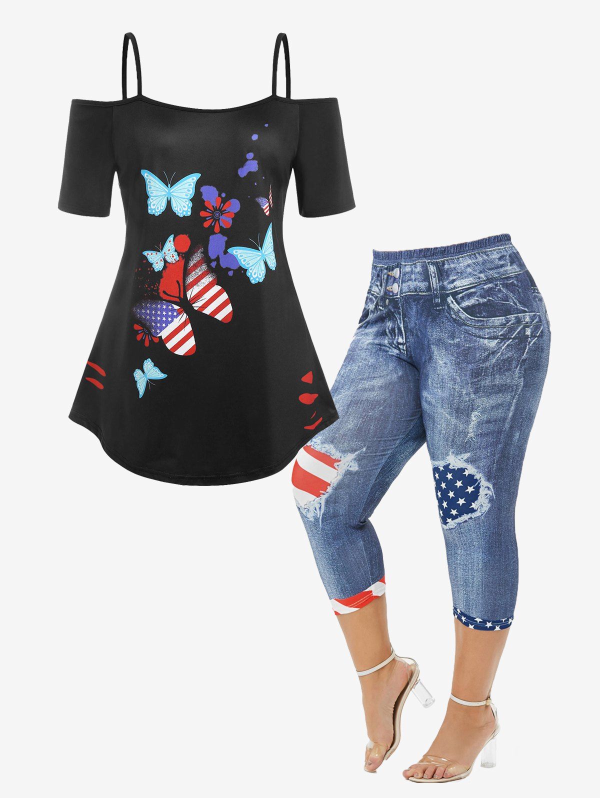 Ensemble d'Eté avec Legging à Imprimé 3D et T-shirt à Drapeau Américain et Papillon à Epaule Dénudée de Grande Taille Noir 