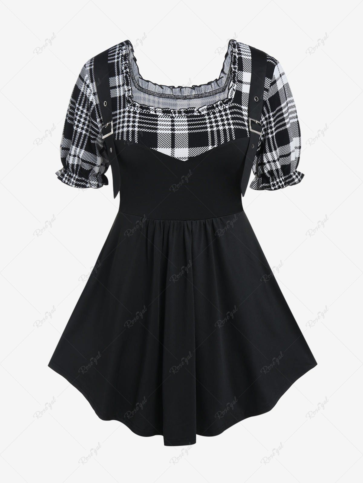 Hot Plus Size Buckle Strap Plaid 2 in 1 Tee  