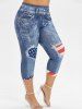 Cold Shoulder American Flag Butterfly Patriotic Tee and 3D Jeans Printed Plus Size Summer Outfit -  