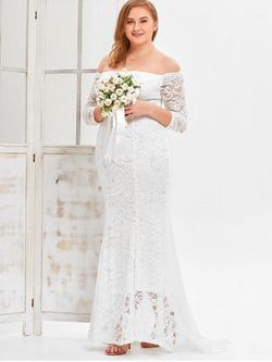 Plus Size Off The Shoulder Lace Wedding Guest Prom Maxi Dress - WHITE - 1XL