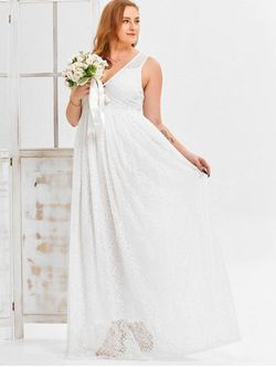Plus Size Plunge Lace Wedding Guest Prom Maxi Dress - WHITE - 2XL