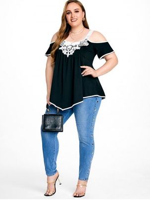 Cold Shoulder Lace Panel Tee and Studded Skinny Jeans Plus Size Summer Outfit