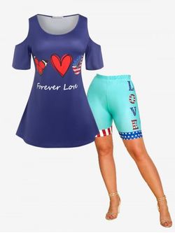 American Flag Patriotic Cold Shoulder Graphic Tee and Shorts Plus Size Summer Outfit - DEEP BLUE