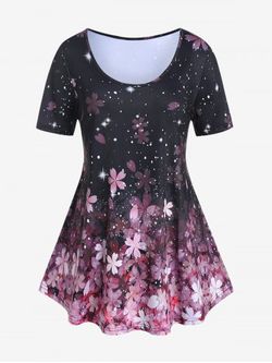 Plus Size Sakura Flower Printed Short Sleeves Tee - BLACK - L | US 12