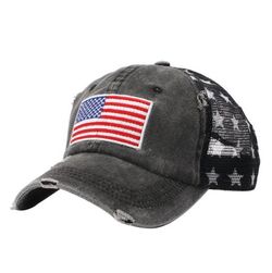 Patriotic Mesh Insert American Flag USA Embroidered Baseball Cap - BLACK