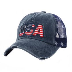 Patriotic Mesh Insert American Flag USA Embroidered Baseball Cap - BLUE