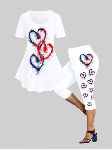 American Flag Heart Print Patriotic Tee and American Print Heart Print Capri Leggings Plus Size Summer Outfit