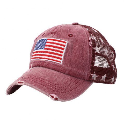 Patriotic Mesh Insert American Flag USA Embroidered Baseball Cap - DEEP RED