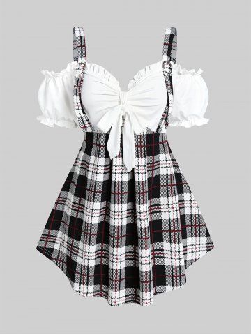Plus Size Ruffles Plaid Cold Shoulder 2 In 1 Tee with Bowknot - WHITE - 4X | US 26-28