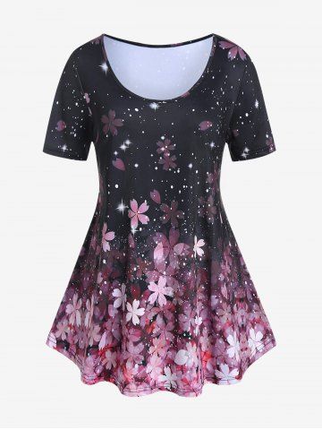 Plus Size Sakura Flower Printed Short Sleeves Tee - BLACK - 1X | US 14-16