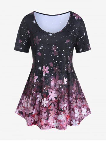 Plus Size Sakura Flower Printed Short Sleeves Tee - BLACK - 5X | US 30-32