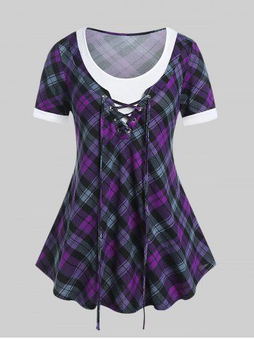 Plus Size Plaid Lace Up 2 in 1 Tee