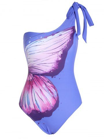 Butterfly Print One Shoulder Padded Tied Vacation One-piece Swimwear - PURPLE - S