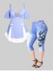 Colorblock Heart Ring Cold Shoulder Bowknot Tee and Butterfly 3D Print Capri Jeggings Plus Size Summer Outfit -  