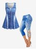 3D Denim Print Lace Panel Tank Top and Capri Jeggings Plus Size Summer Outfit -  