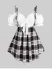 Plus Size Ruffles Plaid Cold Shoulder 2 In 1 Tee with Bowknot -  