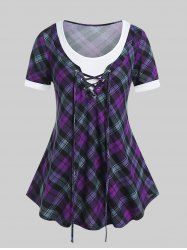 Plus Size Plaid Lace Up 2 in 1 Tee -  