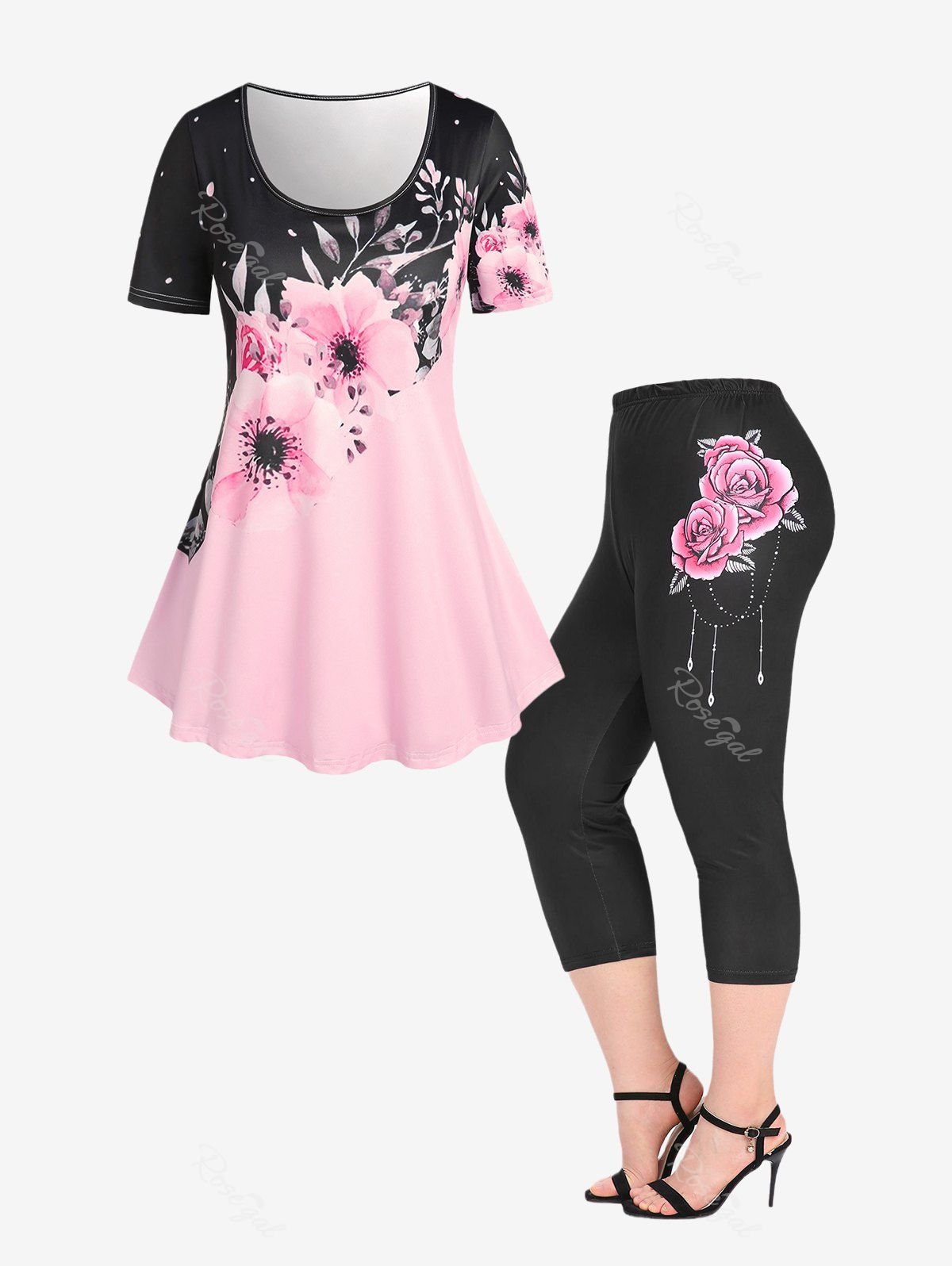 Sale Floral Print Colorblock Tee and Floral Print High Waisted Capri Leggings Plus Size Summer Outfit  