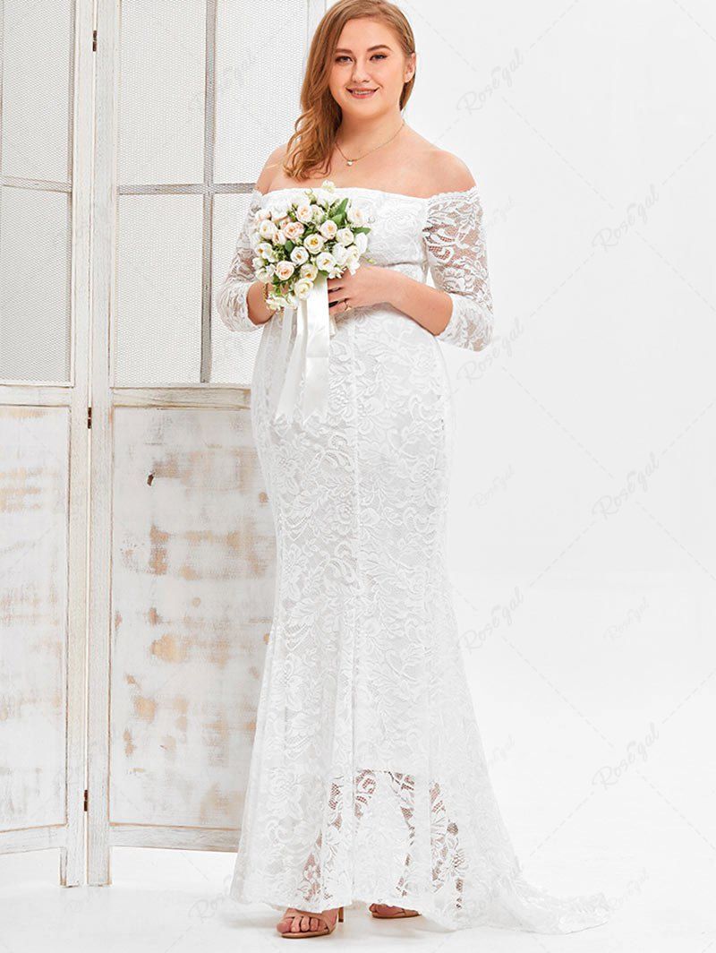 Robe Longue de Grande Taille en Dentelle à Epaule Dénudée pour Mariage Blanc 1XL