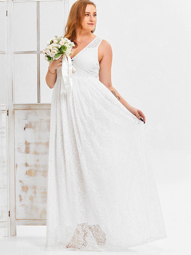 Unique Plus Size Plunge Lace Wedding Guest Prom Maxi Dress  