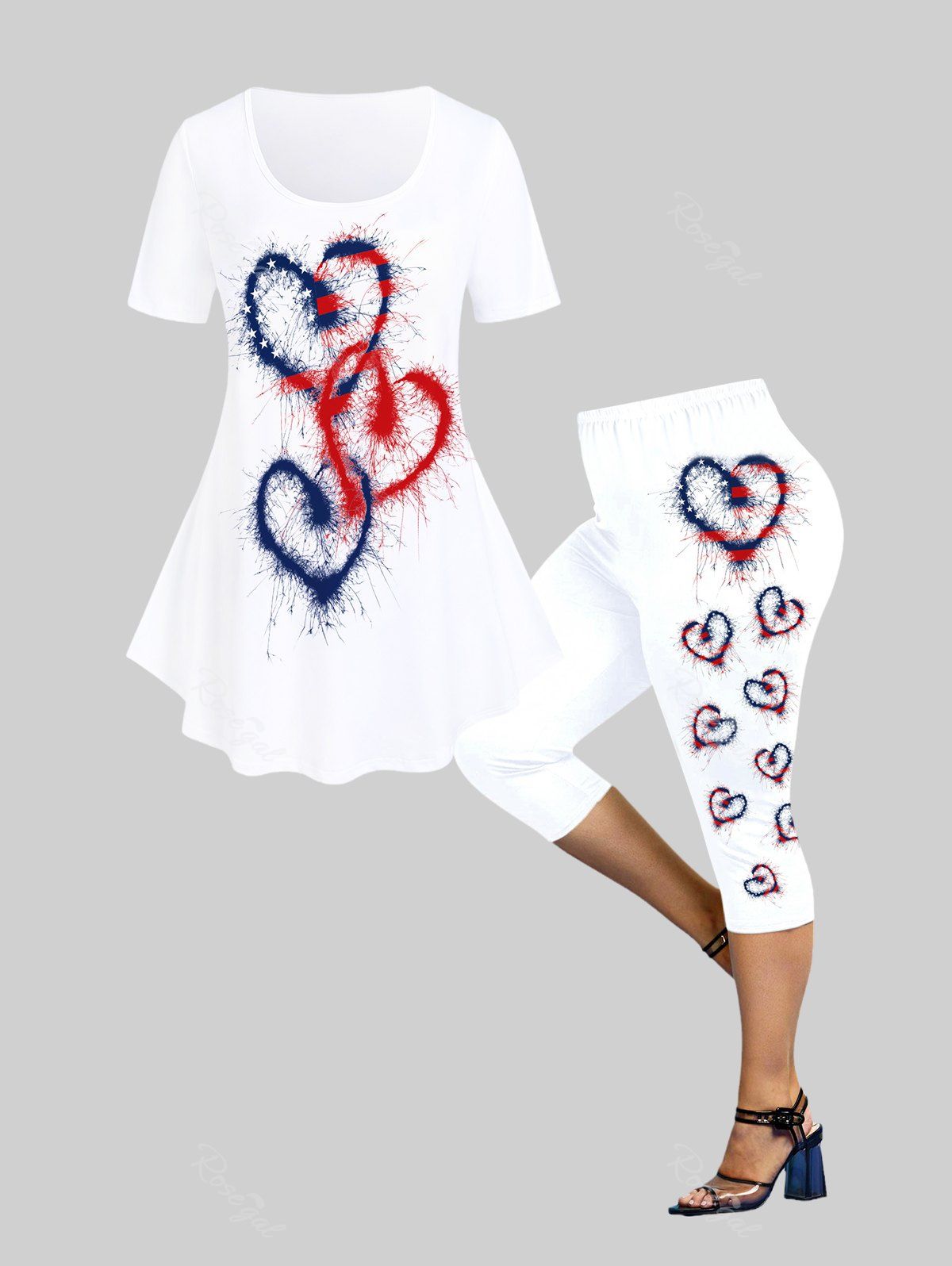 Ensemble d'Eté avec T-shirt à Imprimé Cœur et Drapeau Américain Grande Taille et Legging Corsaire Blanc 