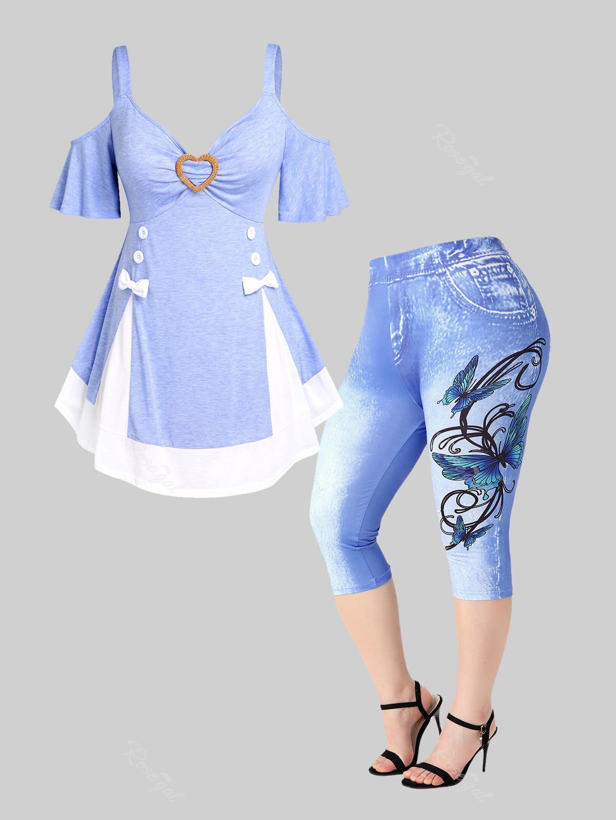Online Colorblock Heart Ring Cold Shoulder Bowknot Tee and Butterfly 3D Print Capri Jeggings Plus Size Summer Outfit  