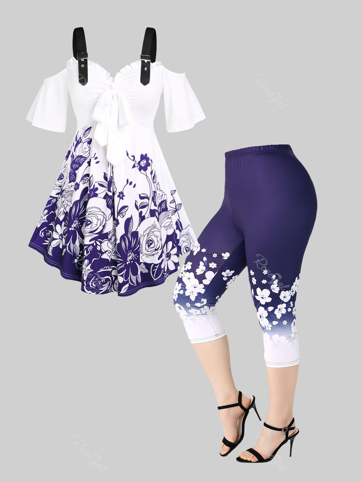 Store Cold Shoulder Bowknot Floral Print Tee and High Waist Floral Print Capri Leggings Plus Size Summer Outfit  