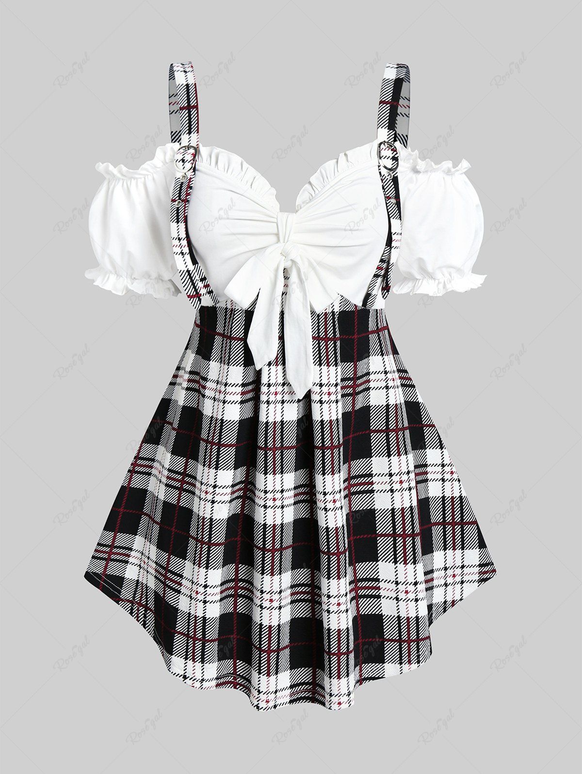 Unique Plus Size Ruffles Plaid Cold Shoulder 2 In 1 Tee with Bowknot  
