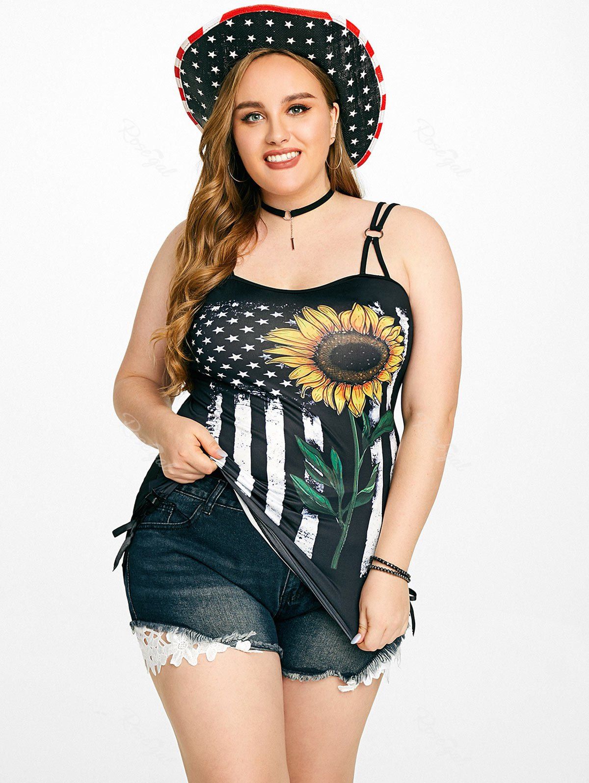 Trendy American Flag Sunflower Print Lace Up Tank Top and Lace Denim Shorts Plus Size Summer Outfit  