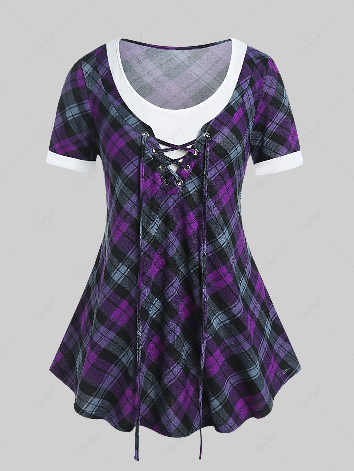 Outfits Plus Size Plaid Lace Up 2 in 1 Tee  