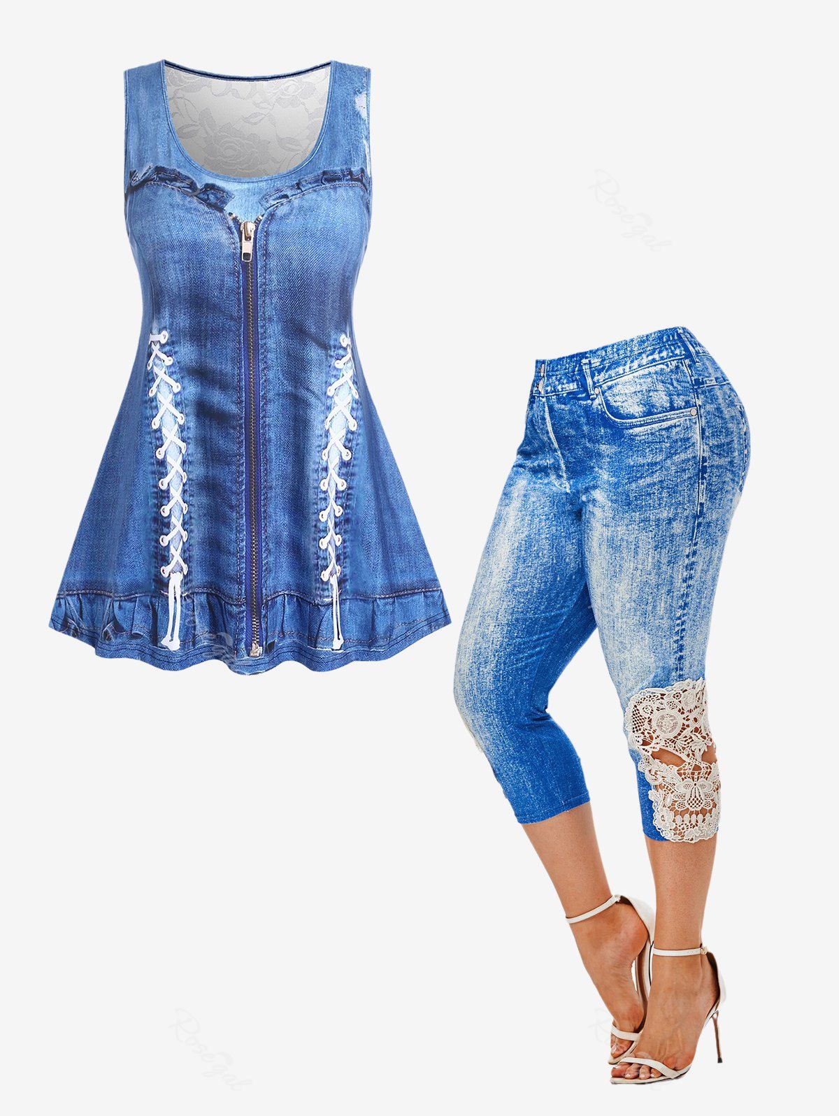 Shop 3D Denim Print Lace Panel Tank Top and Capri Jeggings Plus Size Summer Outfit  