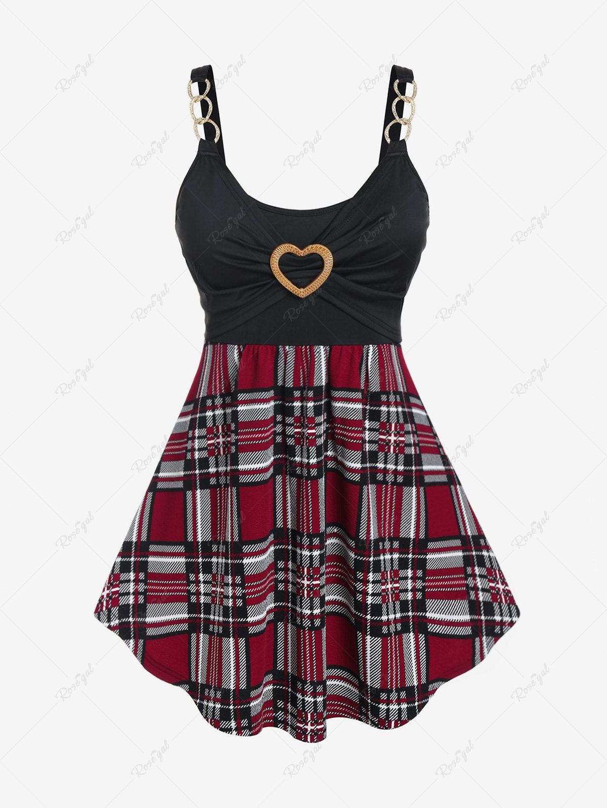 Hot Plus Size Colorblock Heart Ring Embellished Plaid Tunic Top  