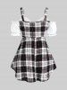 Plus Size Ruffles Plaid Cold Shoulder 2 In 1 Tee with Bowknot -  