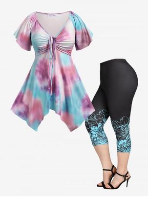Handkerchief Tie Dye Cinched Tee and Capri Leggings Plus Size Summer Outfit