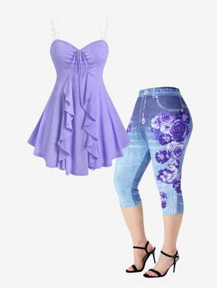 Lace Straps Cinched Ruffle Tank Top and 3D Rose Leggings Plus Size Summer Outfit