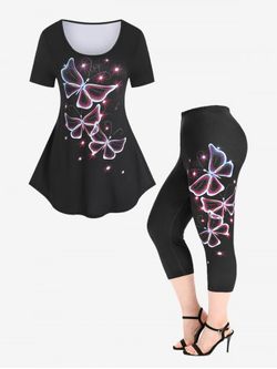 Butterfly Print Tee and Capri Legging Plus Size Summer Outfit - BLACK