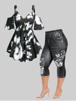 Tie Dye O Ring Cold Shoulder Tee and Butterfly 3D Jean Print Leggings Plus Size Summer Outfit - BLACK