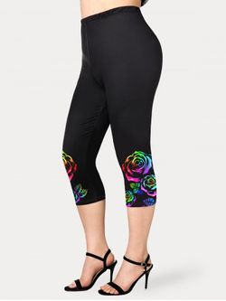 Plus Size High Waist Rainbow Rose Print Capri Leggings - BLACK - S | US 8