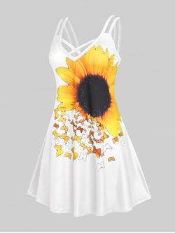 Plus Size Sunflower Print Crisscross Sundress - WHITE - L | US 12