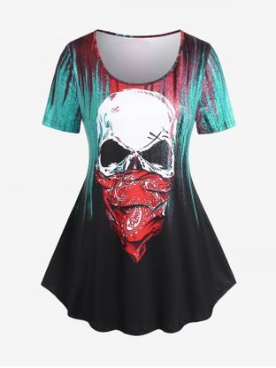 Plus Size Gothic Scarf Skull Print Ombre Color T-shirt