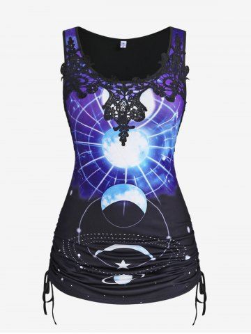 Plus Size Galaxy Sun Moon Print Lace Panel Cinched Tank Top