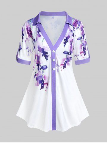 Plus Size V Neck Floral Print Blouse - WHITE - M | US 10