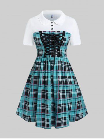 Plus Size Plaid Lace Up Knee Length Dress - GREEN - S | US 8