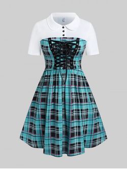 Plus Size Plaid Lace Up Knee Length Dress - GREEN - 1X | US 14-16