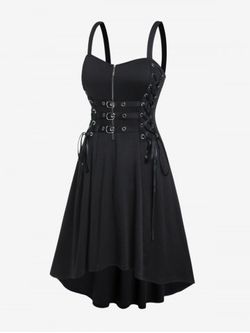 Plus Size Gothic Buckled Lace Up High Low Midi Dress - BLACK - 3X | US 22-24