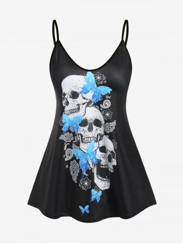Plus Size Gothic Skull Butterfly Print Tank Top (Adjustable Straps)